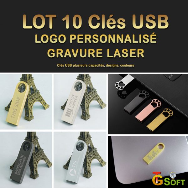 Lot 10 clés USB Publicitaire, Gravure laser, Logo Personnalisé, Inscription Personnalisé, Clé USB, Mariage, Anniversaire, Entreprise, Collectivité, 4 Go, 8 Go, 16 Go, 32 Go, 64 Go